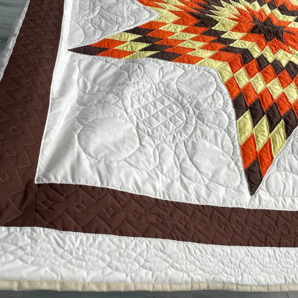 Vintage Handmade Harvest Lone Star Quilt Texas Orange Brown Fall Autumn *READ*